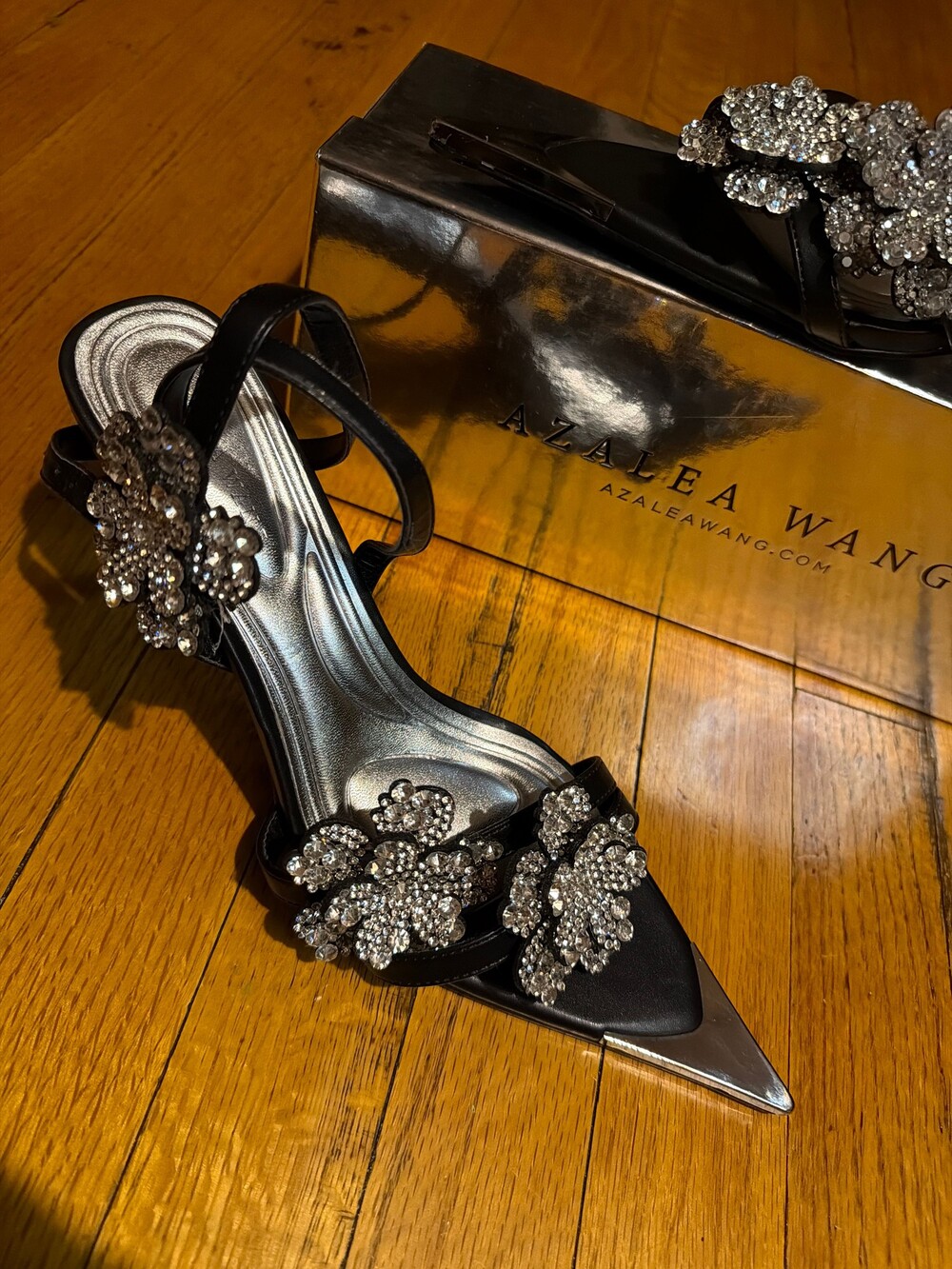 Azalea Wang Black High Heel Sandals Rhinestone Floral Embellished - Picture 2 of 5